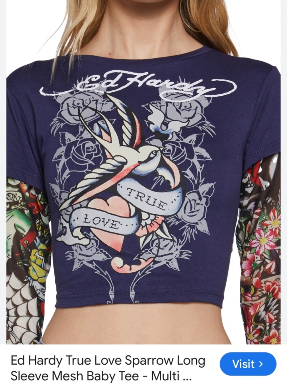 Ed Hardy Y2K Tattoo Graphic Long Sleeve Tee Navy Women's Large NWT - Picture 7 of 10